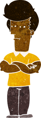 Bir insan tarafından çizilmiş kolları katlanmış çizgi film adamı.