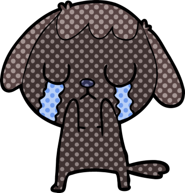 Bir insan tarafından çizilmiş şirin bir çizgi film köpeği ağlıyor.