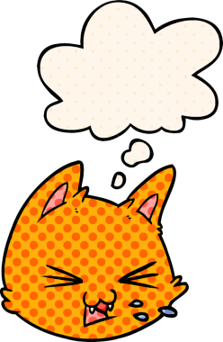 Çizgi roman tarzında bir insan tarafından çizilmiş düşünce balonuyla çizgi film kedisi suratı tükürüyor.