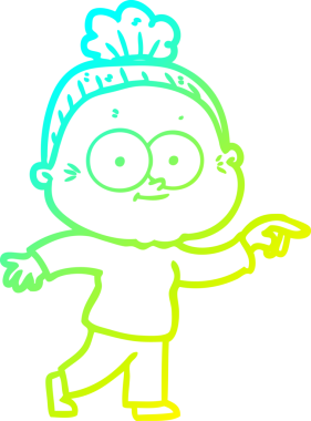 Bir insan tarafından çizilmiş, mutlu, yaşlı bir kadının çizimi.