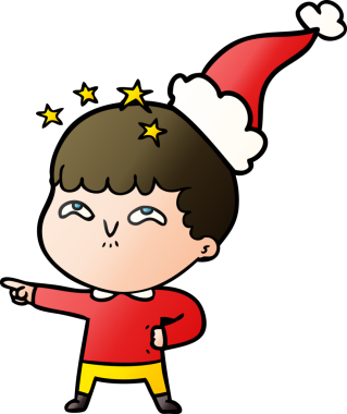 Bir insan tarafından çizilmiş Noel Baba şapkası giymiş bir çocuğun el çizimi karikatürü.