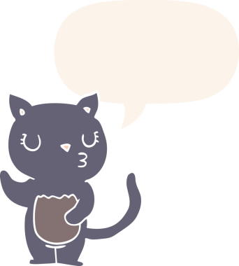 Konuşma baloncuğu olan sevimli çizgi film kedisi bir insan tarafından çizilmiş.