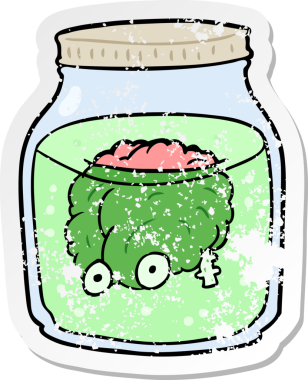 Kavanozda bir insan tarafından çizilmiş karikatürlü ürkütücü bir beynin sıkıntılı etiketi.