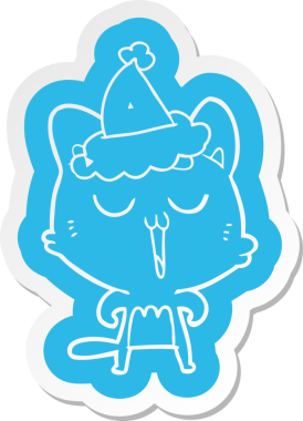 Bir insan tarafından çizilmiş Noel Baba şapkasıyla şarkı söyleyen bir kedinin garip çizgi film çıkartması.