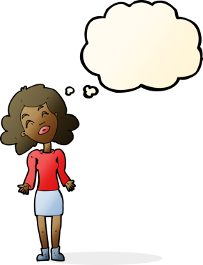 Bir insan tarafından çizilmiş düşünce baloncuğuyla omuz silken çizgi film kadını.