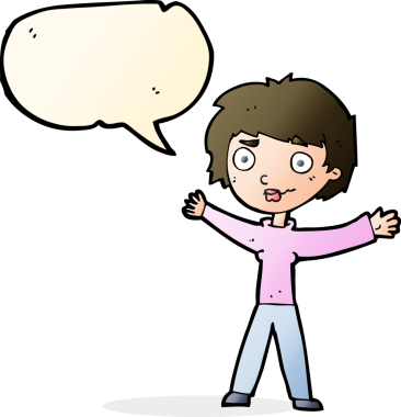 Bir insan tarafından çizilmiş konuşma balonuyla kollarını sallayan çizgi film kadını.