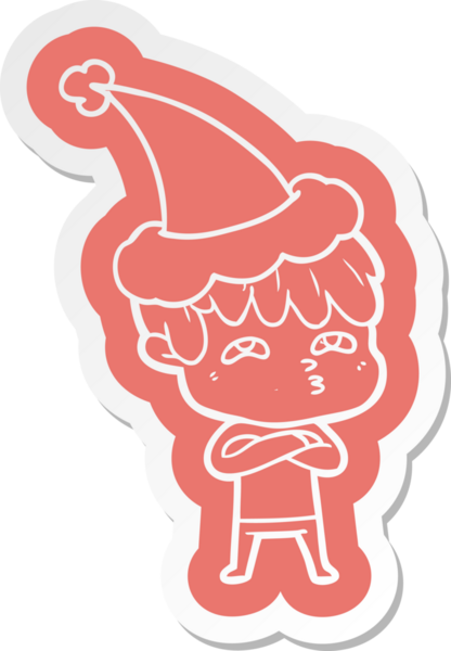 Bir insan tarafından çizilmiş Noel Baba şapkası giyen tuhaf bir adamın çizgi film çıkartması.