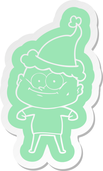 Bir insan tarafından çizilmiş Noel Baba şapkası giymiş kel bir adamın garip bir çizgi film çıkartması.