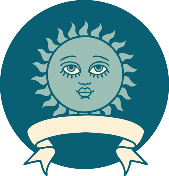 Yüzü bir insan tarafından çizilmiş güneş pankartıyla dövme tarzı simgesi