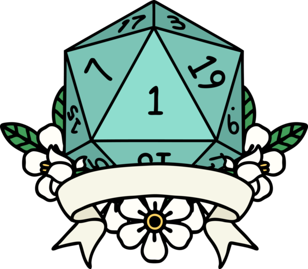 Retro Dövme Biçimi Doğal Bir d20 zar bir insan tarafından çizildi