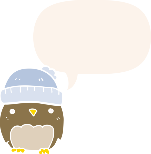 Bir insan tarafından çizilmiş konuşma baloncuğu ile şapkalı sevimli bir baykuş.