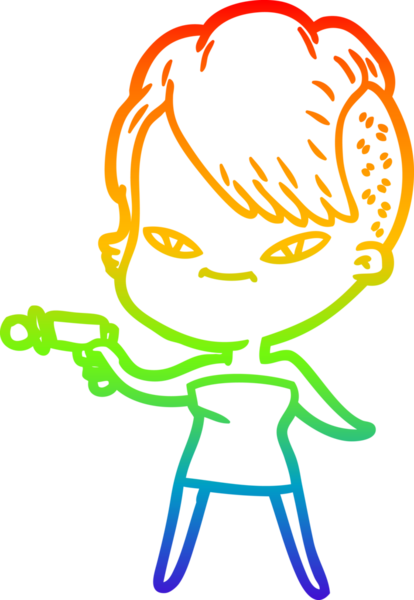 Gökkuşağı gradyan çizimi. Hipster saç kesimi bir insan tarafından çizilmiş şirin bir çizgi film kızı.