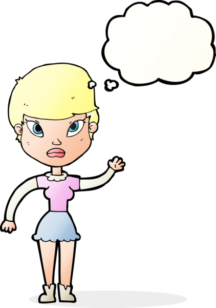 Bir insan tarafından çizilmiş düşünce baloncuğuyla el sallayan çizgi film kadını.