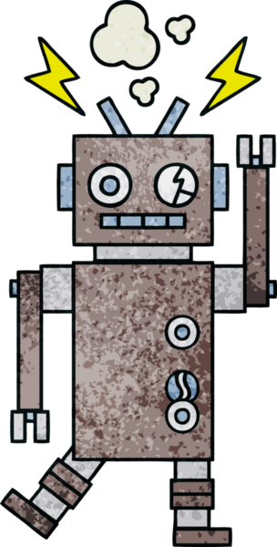 Bir insan tarafından çizilmiş arızalı bir robotun retro grunge desen karikatürü