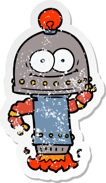 Bir insan tarafından çizilmiş ampullü mutlu bir robot çıkartması.