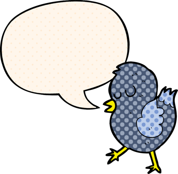 Bir insan tarafından çizilmiş çizgi roman tarzında konuşma baloncuğu olan çizgi film kuşu.