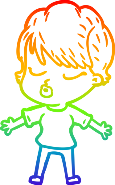 Gökkuşağı gradyan çizgi çizimi bir insan tarafından çizilmiş gözleri olan bir karikatür kadın