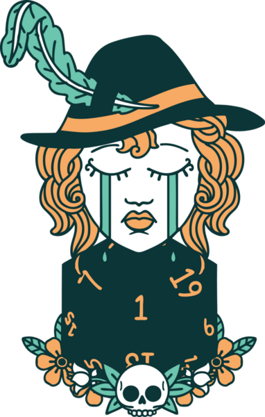 Retro Dövme Tarzı Ağlayan İnsan Ozanı Bir insan tarafından çizilmiş doğal bir D20 zar ile