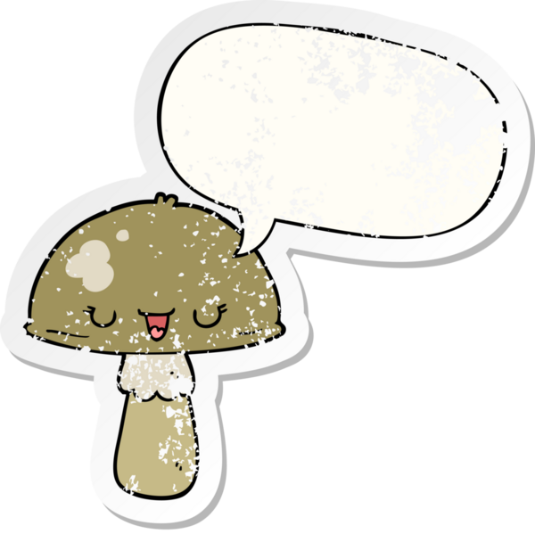 Konuşma baloncuğu olan çizgi film mantarı bir insan tarafından çizilmiş sıkıntılı eski bir çıkartma