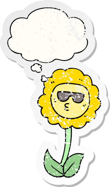 Düşünce baloncuğu olan karikatür çiçeği insan tarafından çizilmiş yıpranmış bir çıkartma gibi.