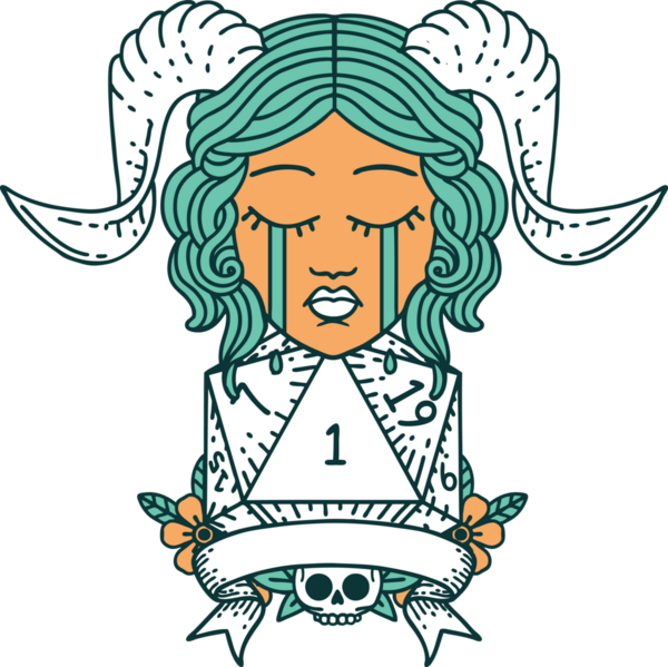 Retro Dövme Tarzı Ağlama Yüzü Doğal 1 D20 Dice ile Bir insan tarafından çizilmiş