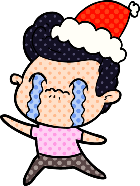 Bir insanın çizdiği Noel Baba şapkasıyla ağlayan bir adamın el çizimi çizgi roman tasviri.