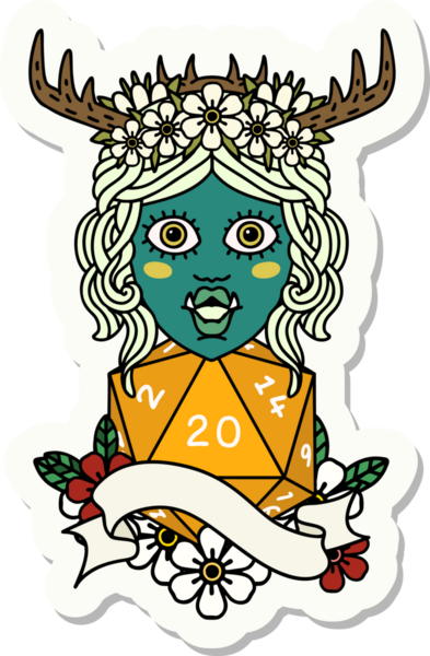 Bir insan tarafından çizilmiş 20 zarlı yarı ork Druid karakterinin çıkartması.