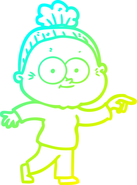 Bir insan tarafından çizilmiş, mutlu, yaşlı bir kadının çizimi.