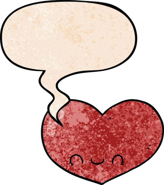 Karikatür, insan tarafından çizilmiş eski dokuda konuşma baloncuğu olan kalp karakterini sever.