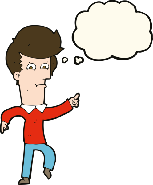 Bir insan tarafından çizilen düşünce baloncuğuyla işaret eden çizgi film adamı.