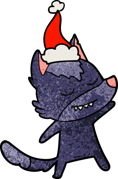 Bir insan tarafından çizilmiş Noel Baba şapkası takan bir kurt resmi.