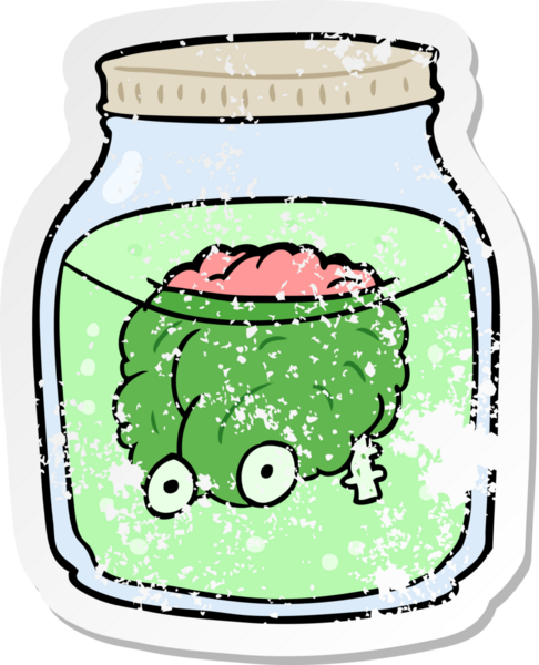 Kavanozda bir insan tarafından çizilmiş karikatürlü ürkütücü bir beynin sıkıntılı etiketi.