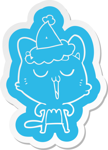 Bir insan tarafından çizilmiş Noel Baba şapkasıyla şarkı söyleyen bir kedinin garip çizgi film çıkartması.