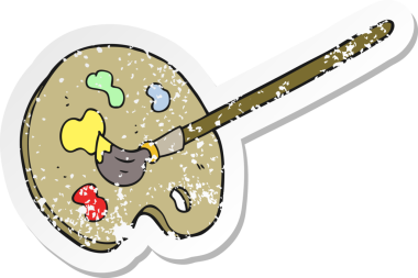 Bir insan tarafından çizilmiş karikatür ressamı paletinin gerilimli retro etiketi