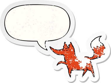 Konuşma baloncuğu olan çizgi film tilkisi, bir insan tarafından çizilmiş sıkıntılı eski bir çıkartma.