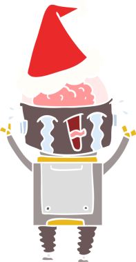 Bir insan tarafından çizilmiş Noel Baba şapkası takan ağlayan bir robotun el resmi.