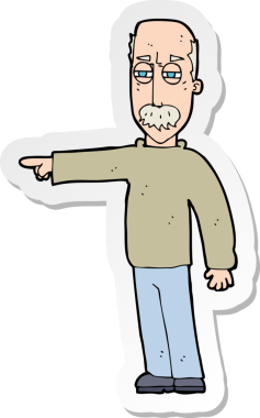 Bir karikatür çıkartması. Yaşlı bir adam işaret ediyor. Bir insan tarafından çizilmiş.