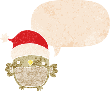 Bir insan tarafından çizilmiş grunge sıkıntılı retro stili konuşma baloncuğu ile sevimli noel baykuşu