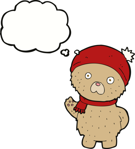 Bir insan tarafından çizilmiş düşünce baloncuğu eşarplı, kış şapkalı oyuncak ayı.