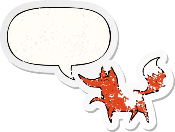 Konuşma baloncuğu olan çizgi film tilkisi, bir insan tarafından çizilmiş sıkıntılı eski bir çıkartma.