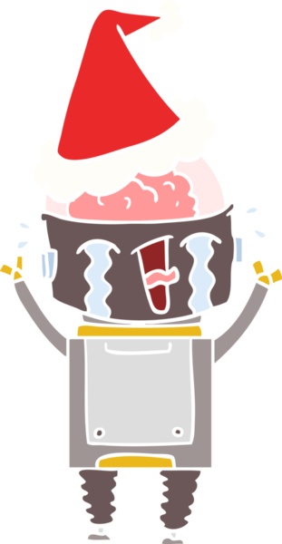 Bir insan tarafından çizilmiş Noel Baba şapkası takan ağlayan bir robotun el resmi.