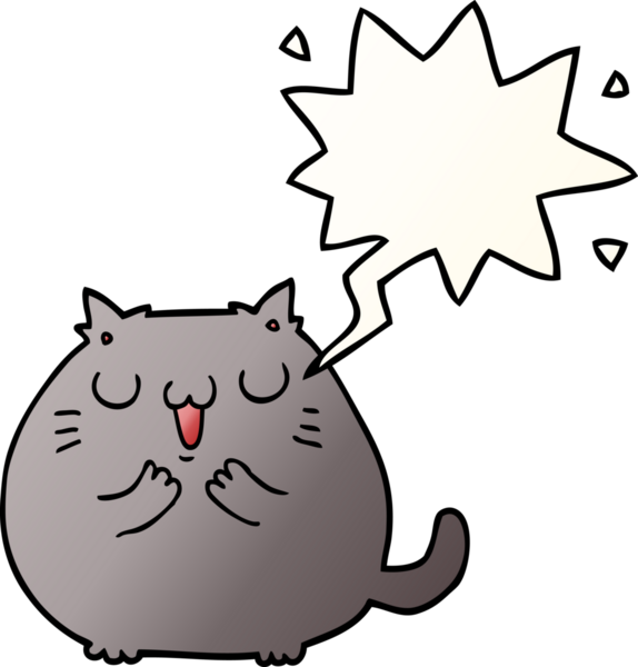 Mutlu çizgi film kedisi konuşma baloncuğu ile bir insan tarafından çizilmiş düzgün eğimli stil