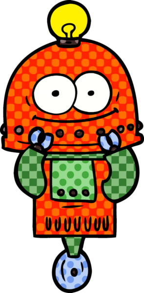 Bir insan tarafından çizilmiş ampullü mutlu karton robot.