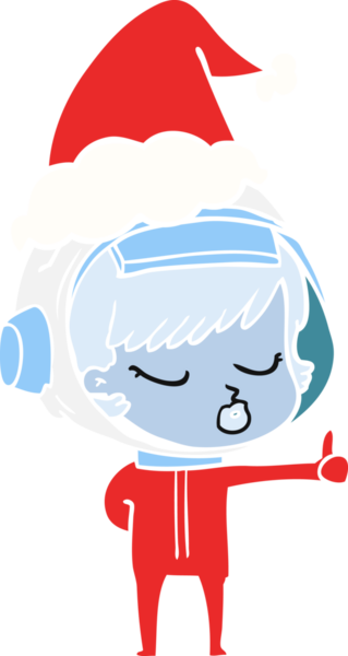 El çizimi düz renkli güzel bir astronot kız Noel Baba şapkası takıyor.
