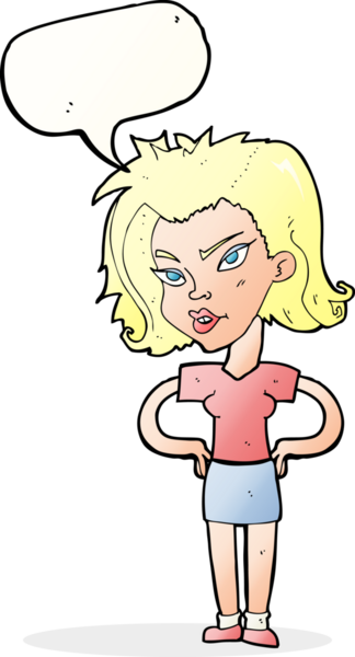 Bir insan tarafından çizilmiş konuşma balonlu elleri olan çizgi film kadını.