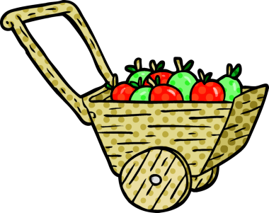 Bir insan tarafından çizilmiş taze elmalarla dolu çizgi film arabası.