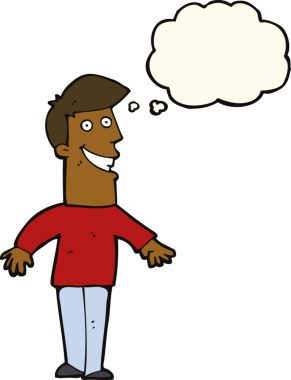 Bir insan tarafından çizilmiş düşünce baloncuğu ile sırıtan çizgi film adamı.