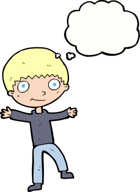 Bir insan tarafından çizilmiş düşünce balonu olan mutlu çocuk çizgi filmi.