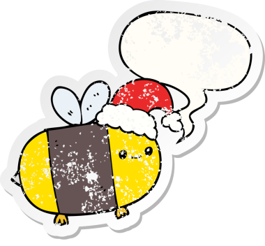 Bir insan tarafından çizilmiş, sıkıntılı, eski bir çıkartma olan, konuşma balonlu bir noel arısı.