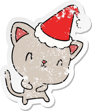 Bir insan tarafından çizilmiş kawaii kedisinin sıkıntılı yılbaşı çıkartması.